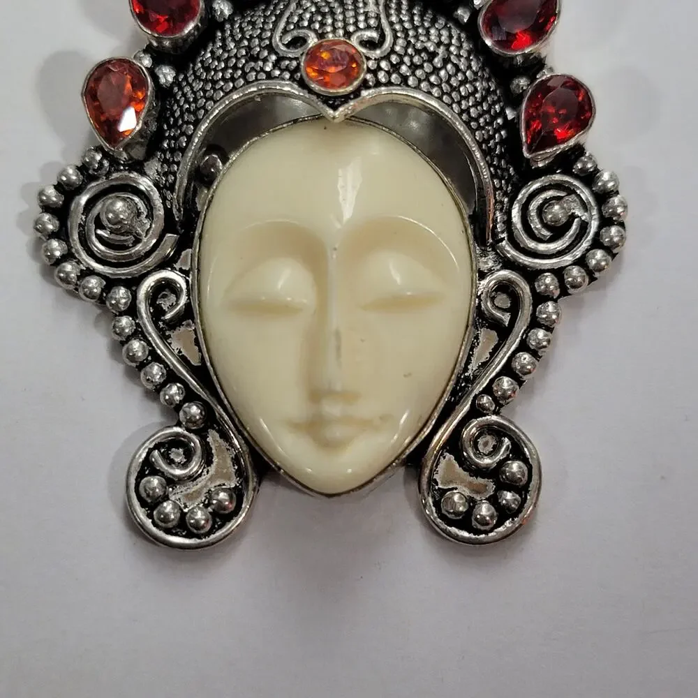 Goddess Pendant Carved Face Sterling Silver with Garnet - Picture 5 of 10